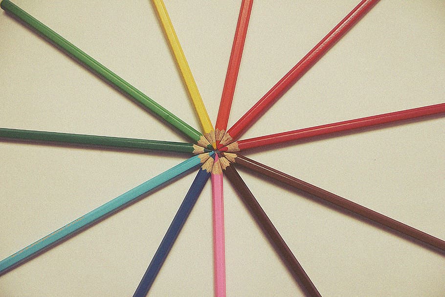 Coloured art pencils on a desk, various, education, learning HD wallpaper