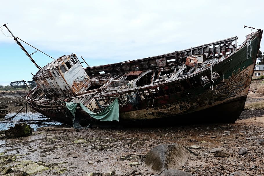 Boat, Wreck, Ship, Beach, nautical vessel, sinking, destruction, HD wallpaper