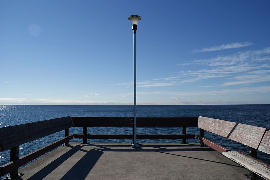 sea, waters, sky, coast, street light, horizon over water, beauty in nature HD wallpaper