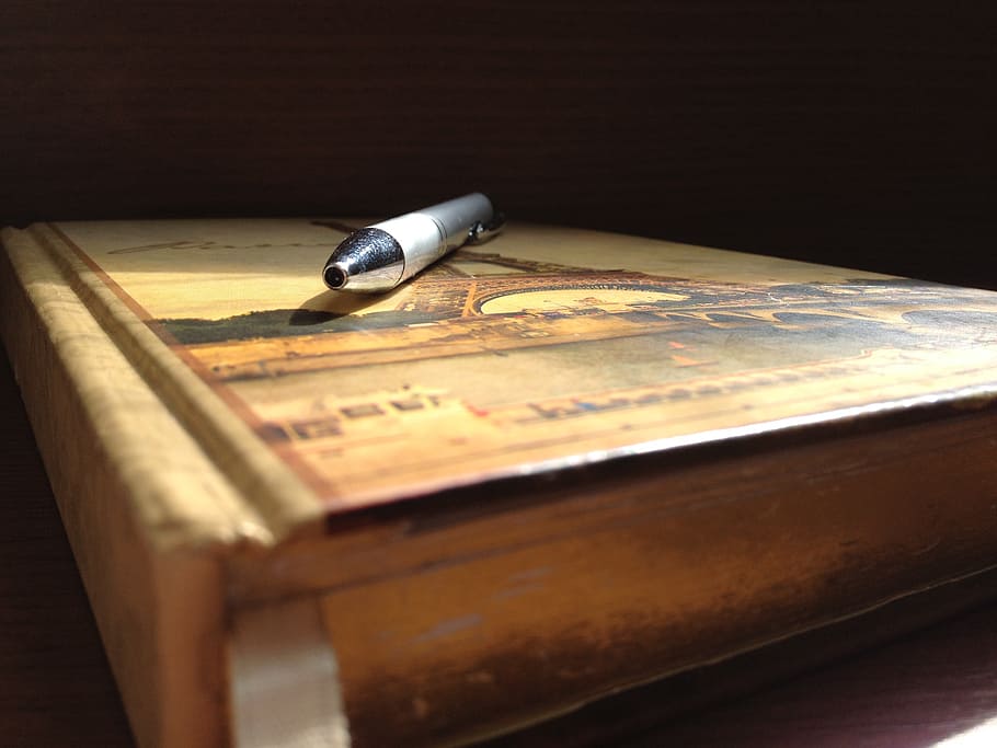 book, notebook, pen, still life, indoors, wood - material, no people HD wallpaper