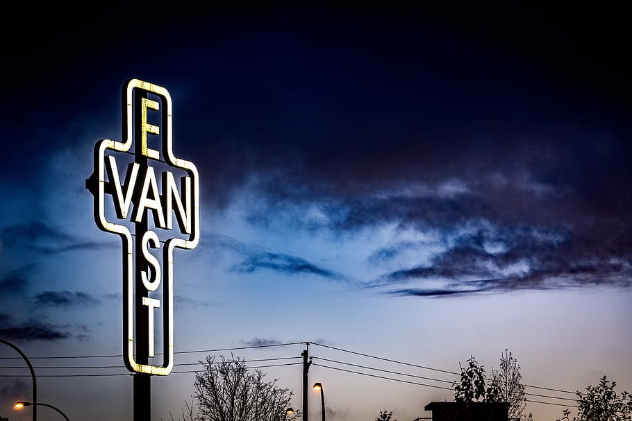 east van signage, white Evangelist neon signage, clouds, light HD wallpaper