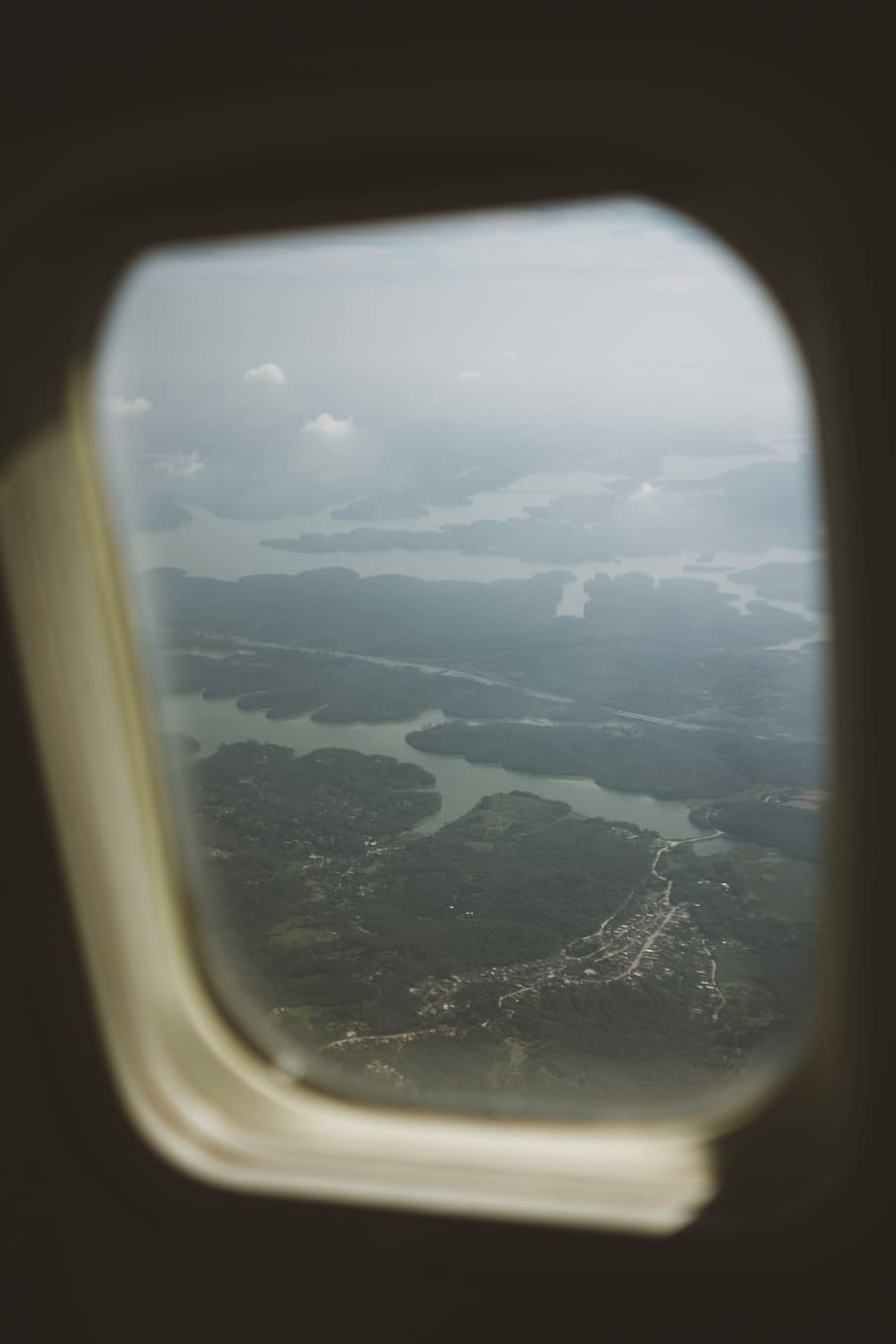 airplane window photo, forest and body of water, view, aircraft HD wallpaper