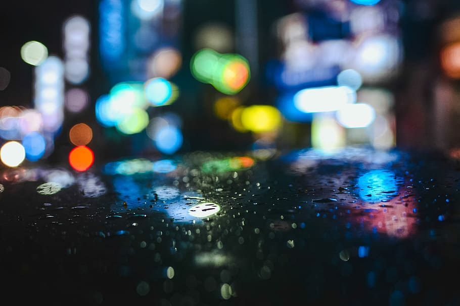 water drops, rain dew drops, bokeh, night, lights, reflection HD wallpaper