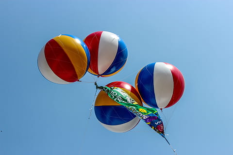 four assorted-color hot air balloons, wind, party, sky, float HD wallpaper