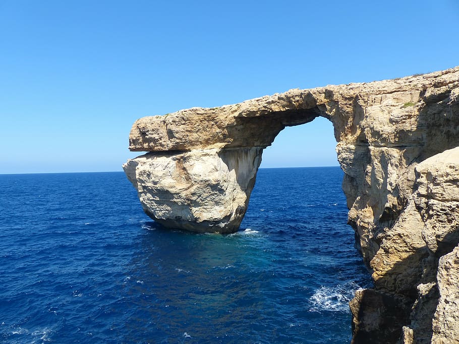gray rock formation at daytime, cliff, blue window, malta, gozo HD wallpaper