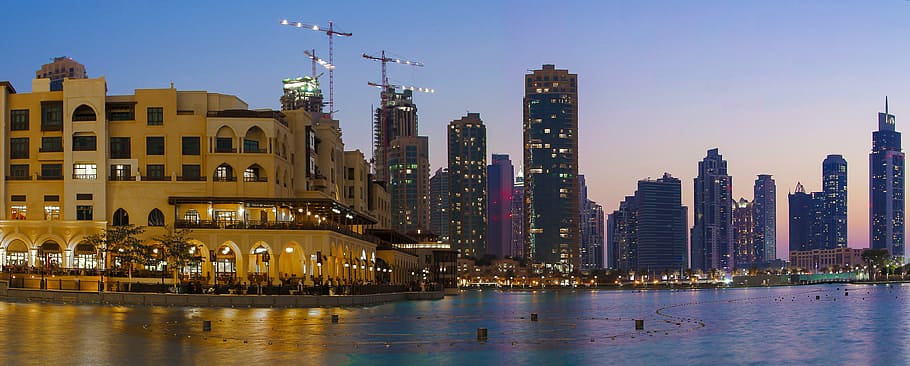 high rise buildings at the city, dubai, night, architecture HD wallpaper