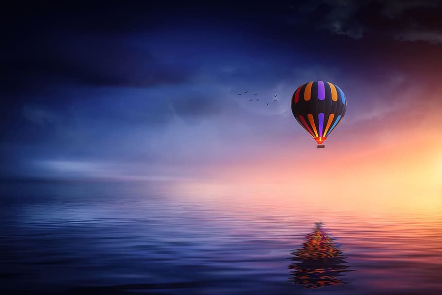 hot air balloon flying on near near water, parachoute, lake HD wallpaper