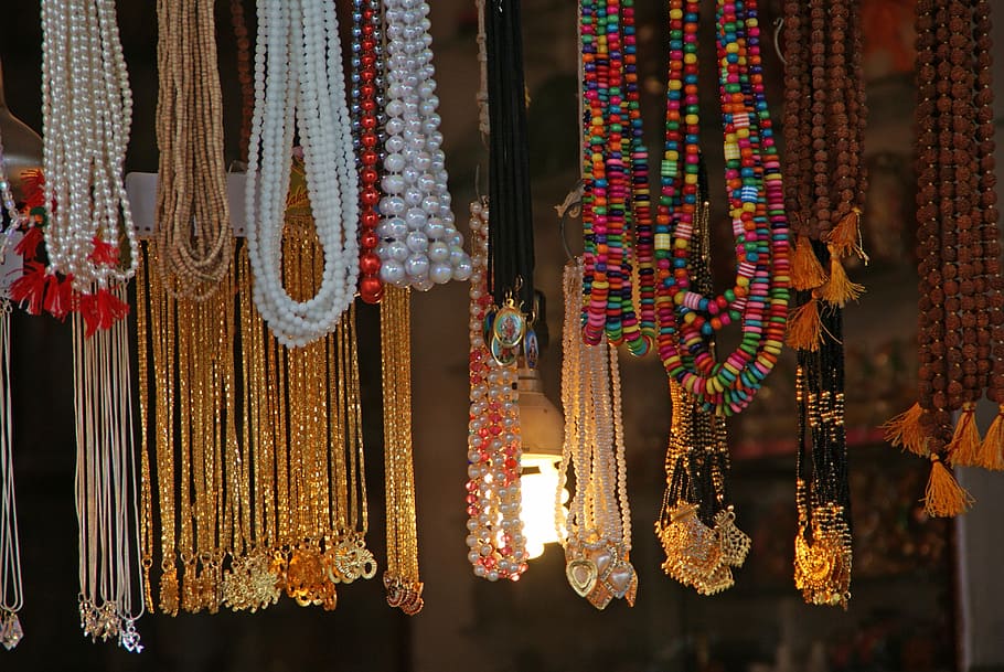 Beads, Necklace, Shop, Kiosk, India, attractive, color, hanging, HD wallpaper