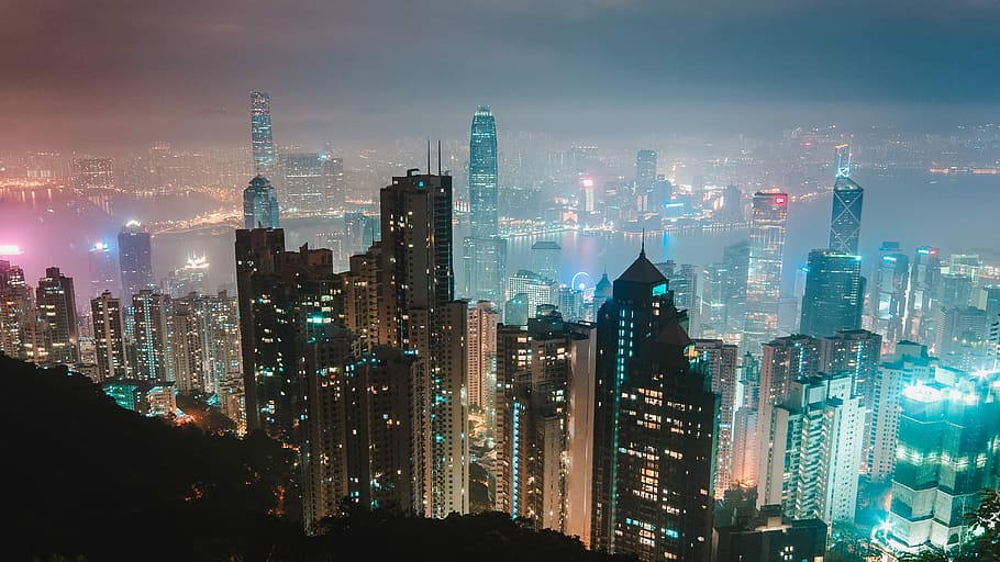 aerial photography of lighted buildings, aerial view of city at nighttime HD wallpaper
