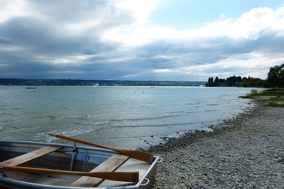 Boot, Lake, Lake Constance, Rowing Boat, Beach, stones, sea HD wallpaper