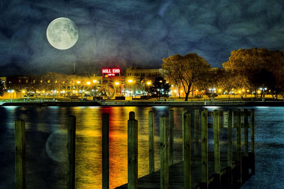 brown wooden dock near bodies of water at night time, super moon HD wallpaper
