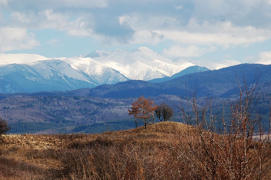 scenery, mountains, snow, spring, brown, clouds, blue sky, blue mountains HD wallpaper