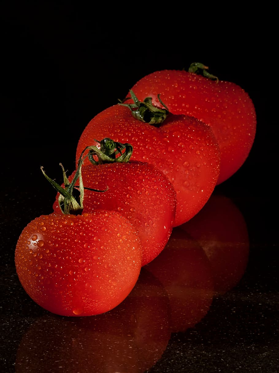 closeup photo of four red tomatoes, fruit, vegetables, food HD wallpaper