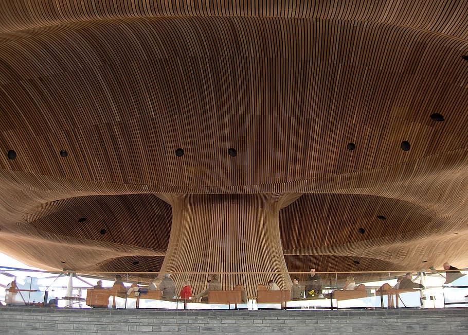 Close up view of the Senedd Building in Cardiff, 