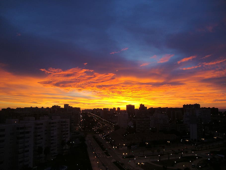 Dawn, Alicante, Sky, architecture, sunset, city, cityscape HD wallpaper