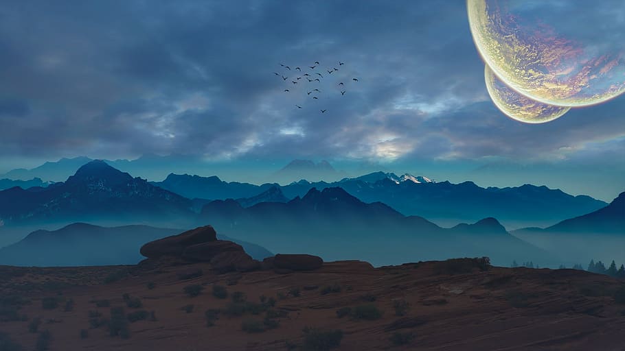 birds flying in the sky above mountain painting, planets, cosmos HD wallpaper