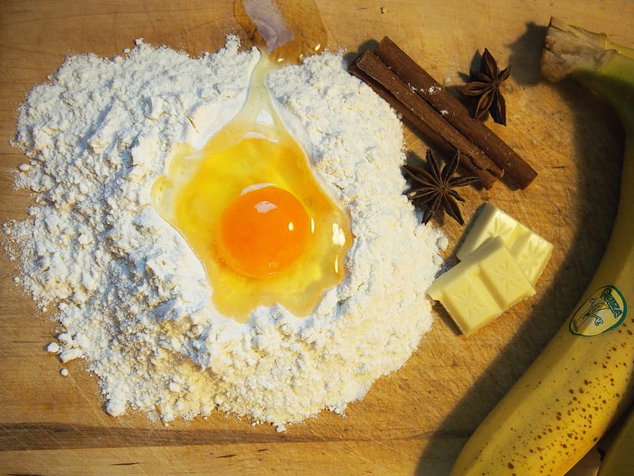 egg in flour, baking, yolk, banana, cinnamon, kitchen, food HD wallpaper