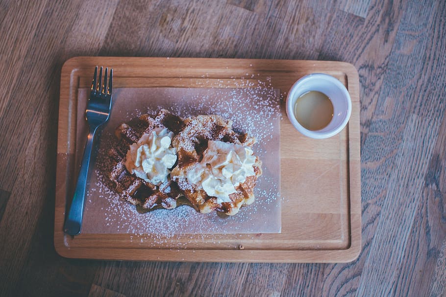 pancake on wooden tray beside cup, coffee, breakfast, waffles HD wallpaper