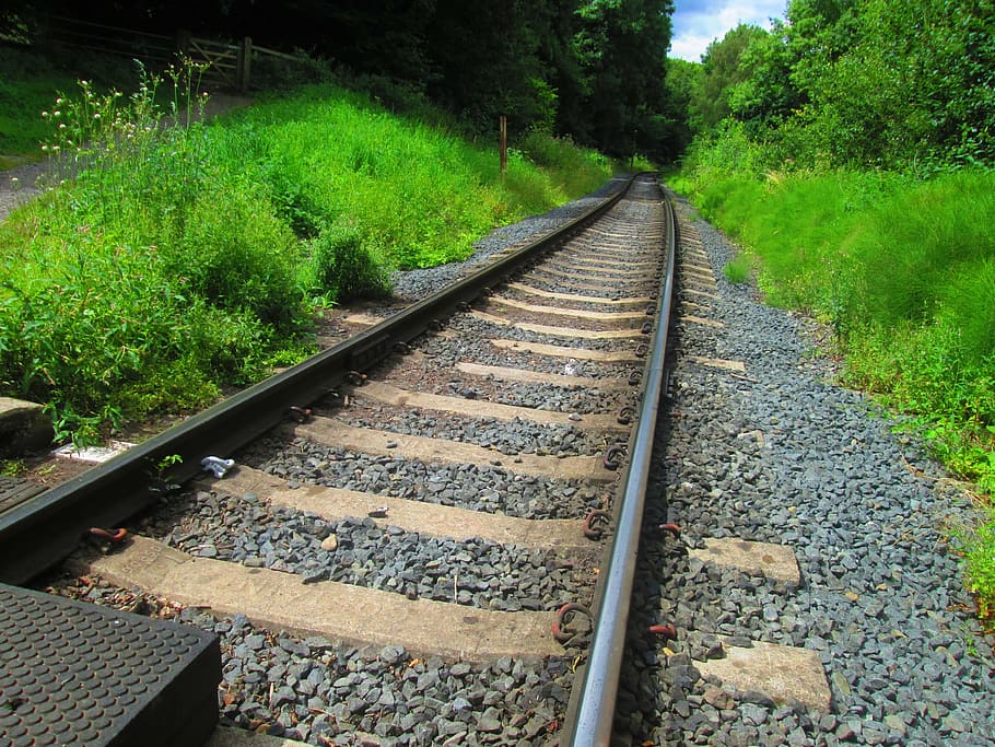 train track, railroad, railway, outdoor, nature, green, sunny HD wallpaper