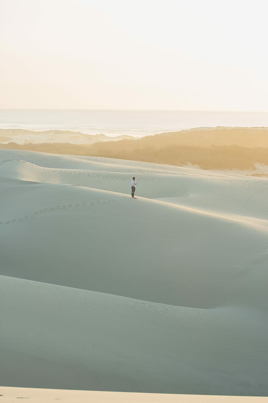 person standing on sand, man standing on desert at daytime, dune HD wallpaper