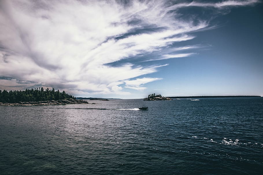 boat in body of water, craft, blue, sky, white, clouds, daytime HD wallpaper