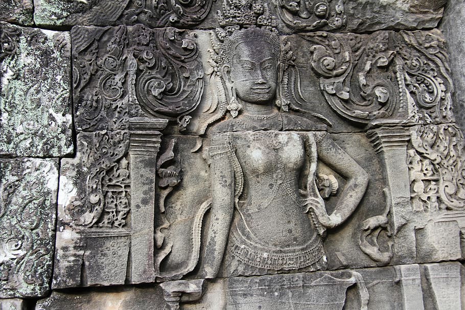Hindu god carvings, bayon temple, travel, antique, old, movie, HD wallpaper