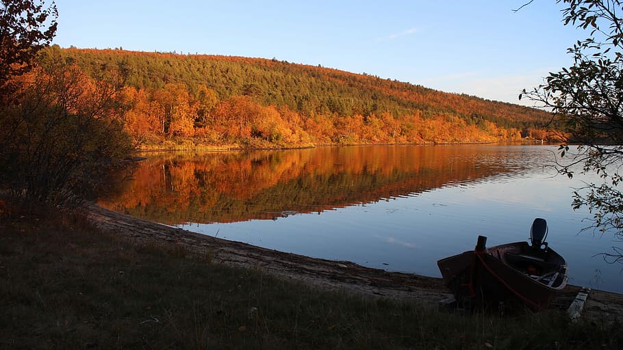 Fall, Colors, Lake, Boat, Orange, Yellow, trees, nature, arctic HD wallpaper