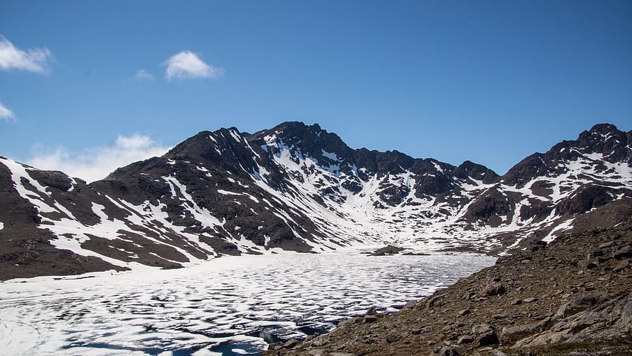 frozen, mountain, lake, wilderness, ice, landscape, nature HD wallpaper
