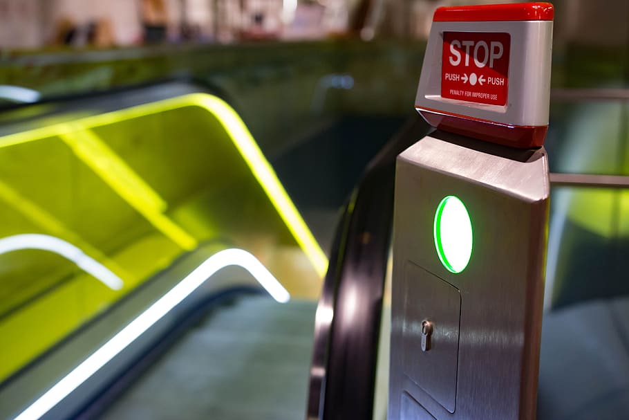 escalator, railway, stop, sign, station, communication, green color HD wallpaper