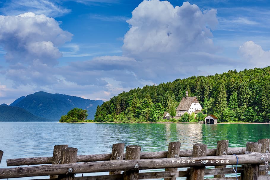 sky, vacation, water, clouds, daylight, fence, idyllic, lake HD wallpaper