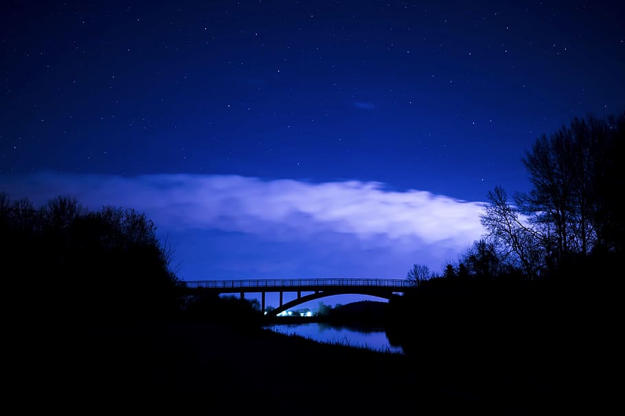 landscape, nature, sky, night, backlit, bridge, clouds, evening HD wallpaper