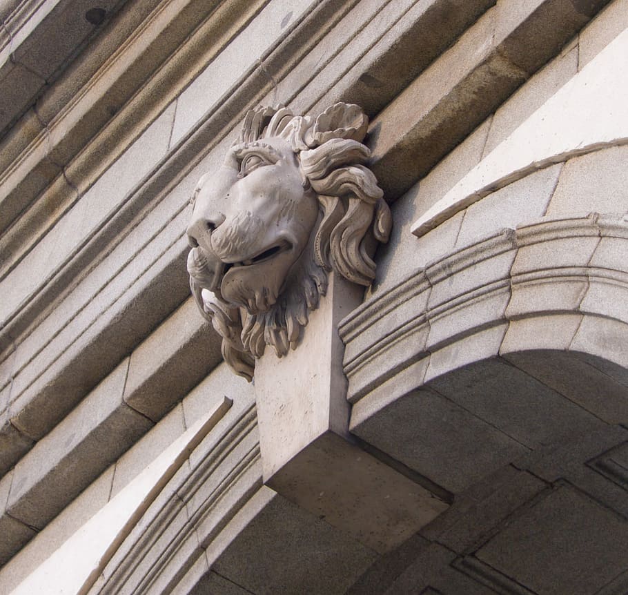 Leon, Stone, Monument, Head, Door, madrid, architecture, sculpture HD wallpaper
