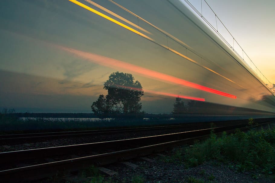 dark, light, grass, field, nature, railway, track, tree, sunset HD wallpaper