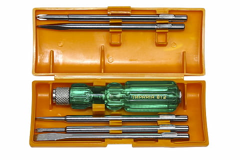 green handle screwdriver kit on brown case, tools, tool box HD wallpaper