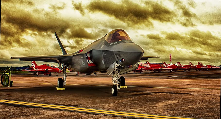 fighter jet parked on runway, hdr, aircraft, military, plane
