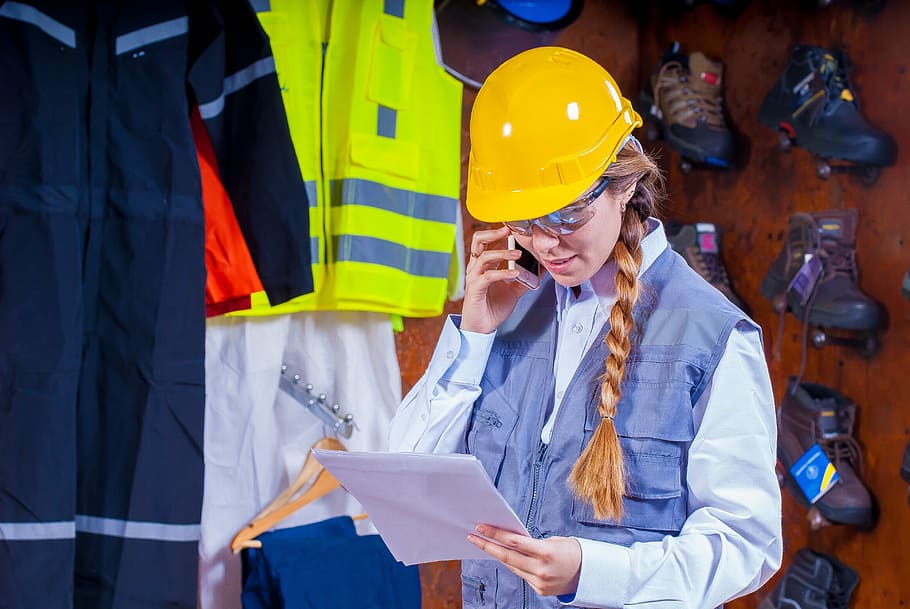 woman in yellow hard cap, helmet, industrial, security, logistic HD wallpaper