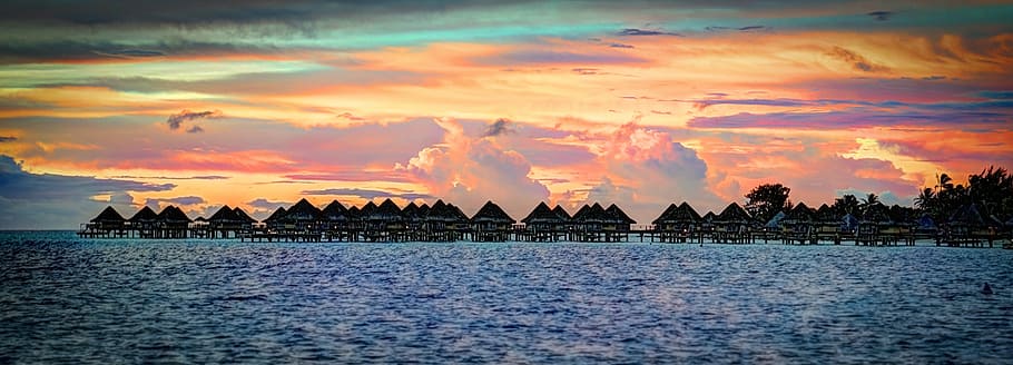 body of water near gazebo, sunset, bora bora, south pacific HD wallpaper