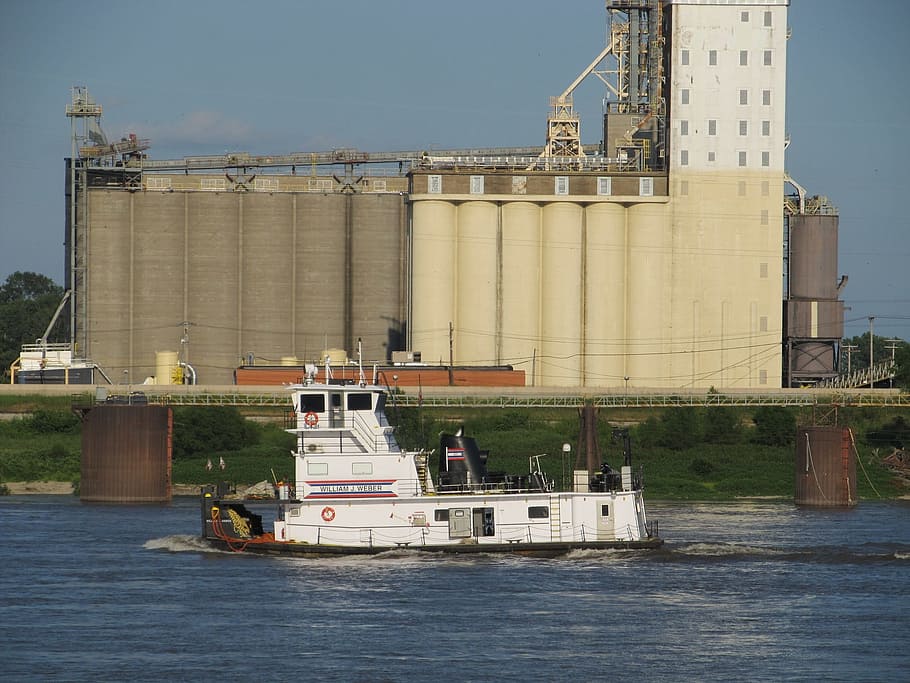Tugboat, River, Grain Elevator, Storage, ship, vessel, water HD wallpaper