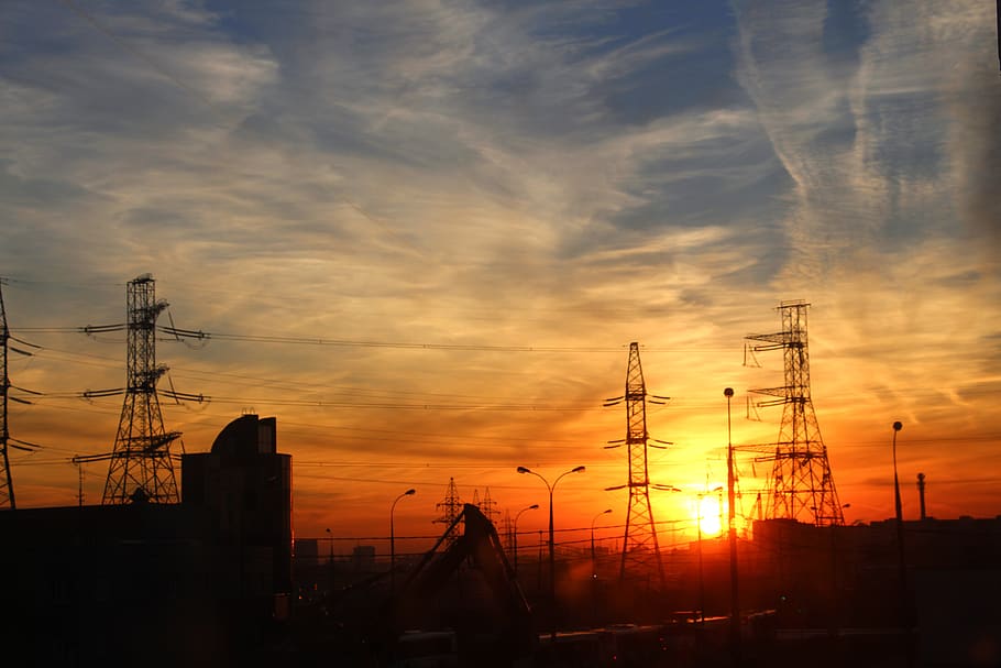 sunset, electricity, energy, sky, technology, evening, industry HD wallpaper