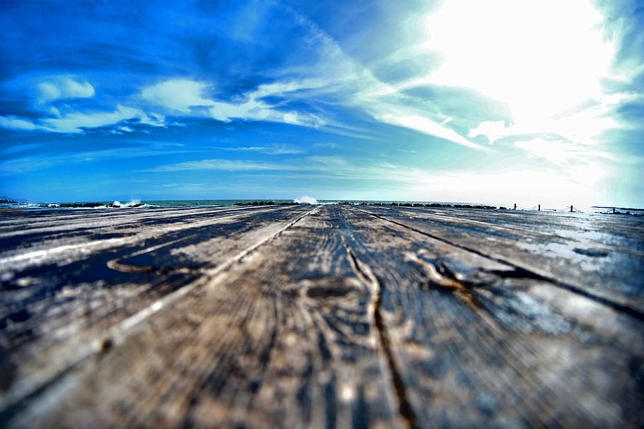 Black and Brown Wooden Flatform during Day Time, beach, blue HD wallpaper
