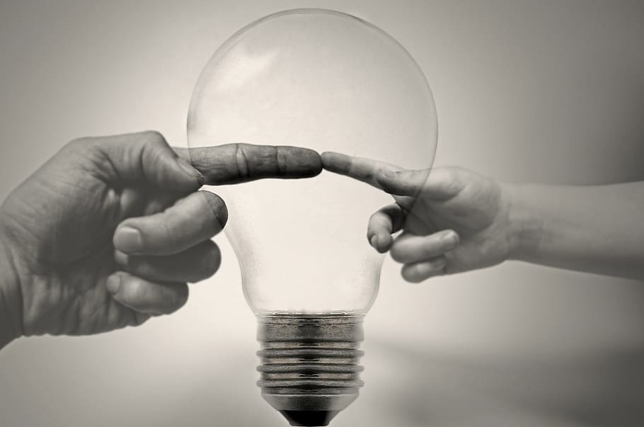 grayscale photo of human finger with light bulb, fingers, hands HD wallpaper
