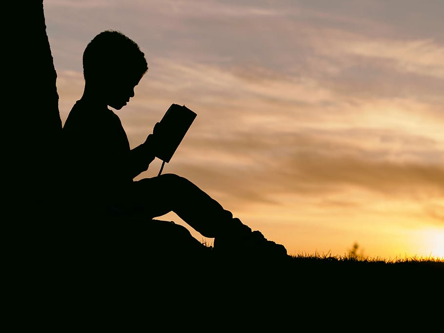 silhouette photo of boy holding book, people, man, kid, child HD wallpaper