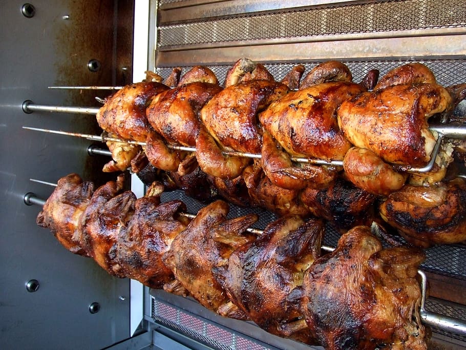 roasted chickens, rotisserie chicken, grilled, food, grilling