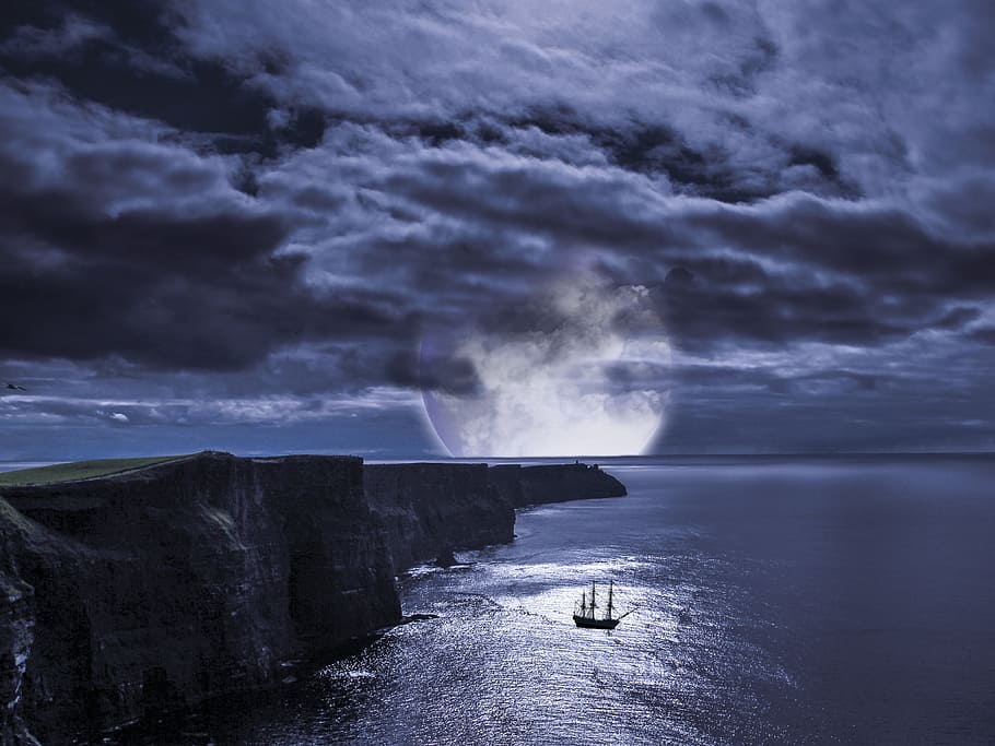 boat beside cliff, Cliffs, Ireland, Sailing Vessel, Moon, cliffs of moher munster