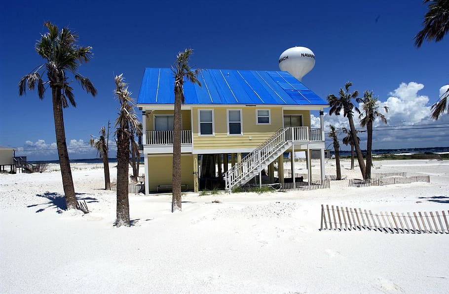 yellow and blue wooden house near sea during daytime, pensacola, HD wallpaper