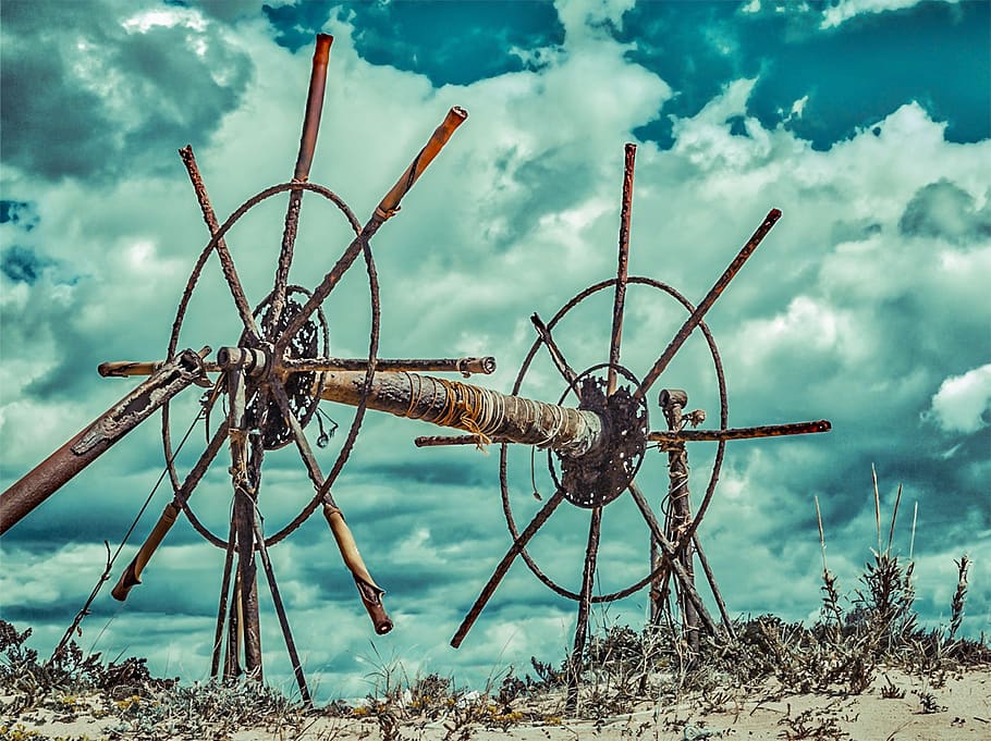 beach, wheels, fishernet, coastline, cloud - sky, nature, day HD wallpaper