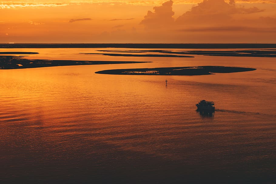 aerial photo of calm water near islands, aerial photography of body of water during sunset HD wallpaper