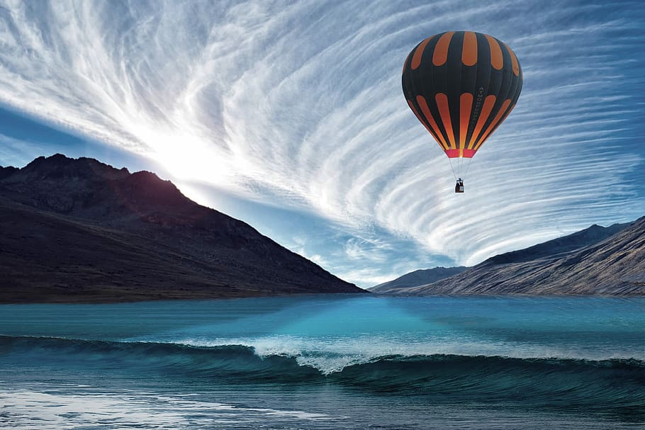hot air balloon under blue sky during daytime, sea, cloud, wave HD wallpaper