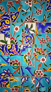 multicolored floral tiles, multicolored floral wall decor, texture HD wallpaper