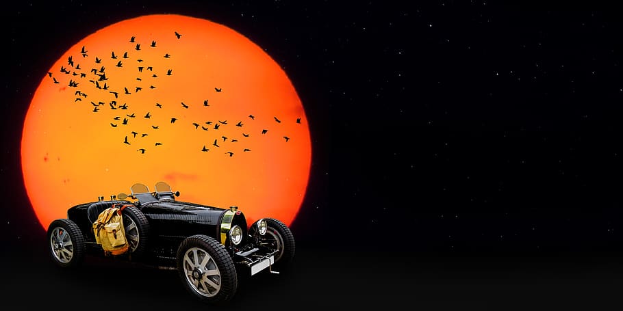traffic, auto, oldtimer, bugatti, old car, banner, sun, bird HD wallpaper